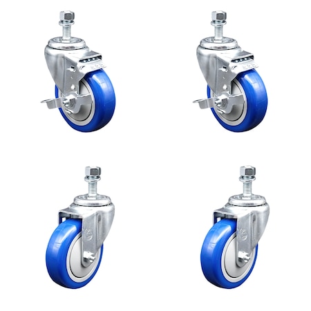 Service Caster 4 Inch Blue Polyurethane Wheel Swivel 1/2 Inch Threaded Stem Caster Brakes, 2PK TS20S414-PPUB-BLUE-TLB-121315-2-S-2